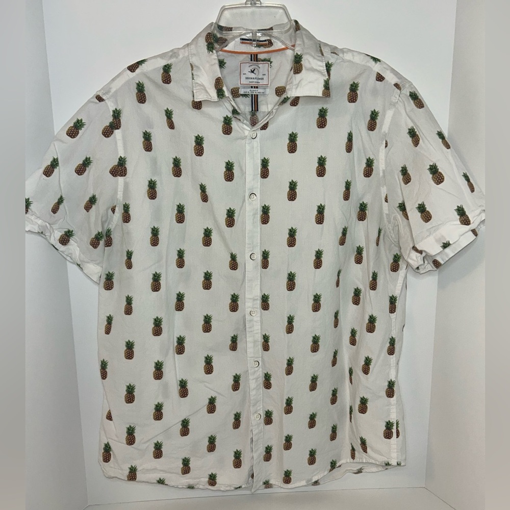 Denim &‎ Flower MENS White Pineapple Print Slim Fit short sleeve Shirt size XL